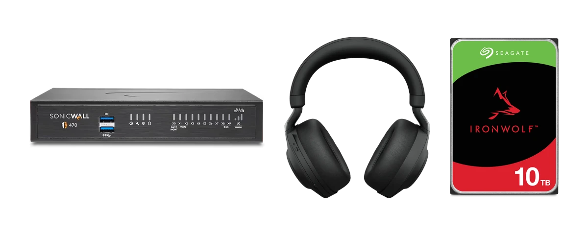 A SonicWall TZ470 firewall, Jabra Evolve2 85 headset and Seagate IronWolf drive