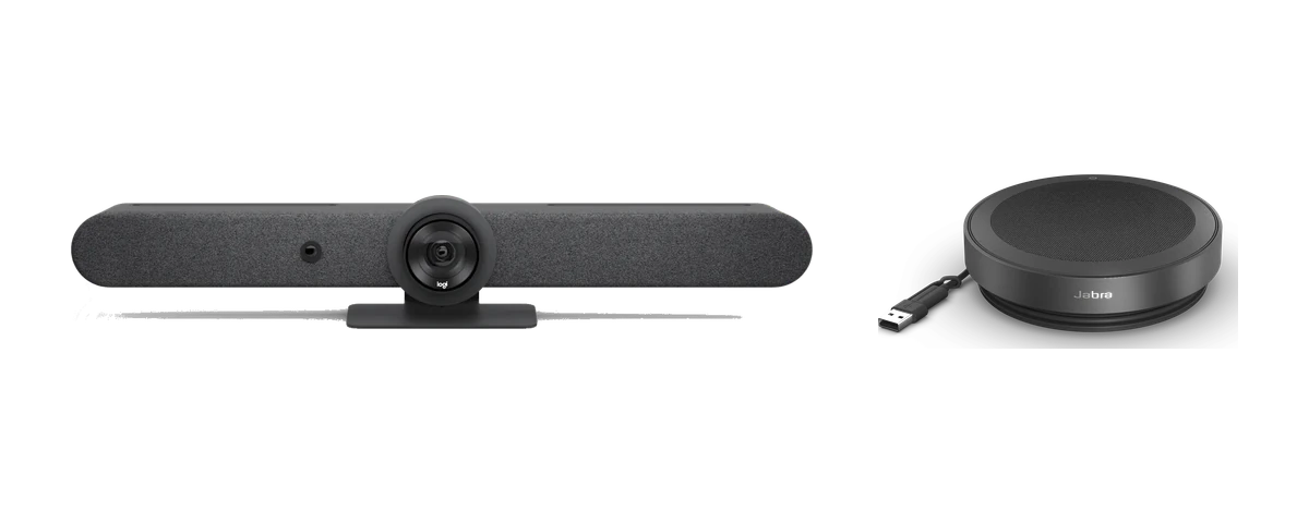 Logitech Rally Bar video conferencing device and Jabra Speak2 75 speakerphone