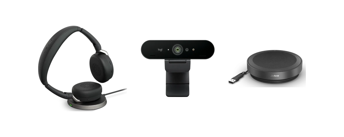 Jabra Evolve2 65 Flex headset, Logitech Brio 4K webcam and Jabra Speak2 75 speakerphone